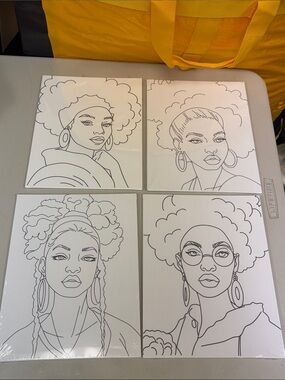 Set of 4 Black & White African American Ladies Art Canvases ready to paint color